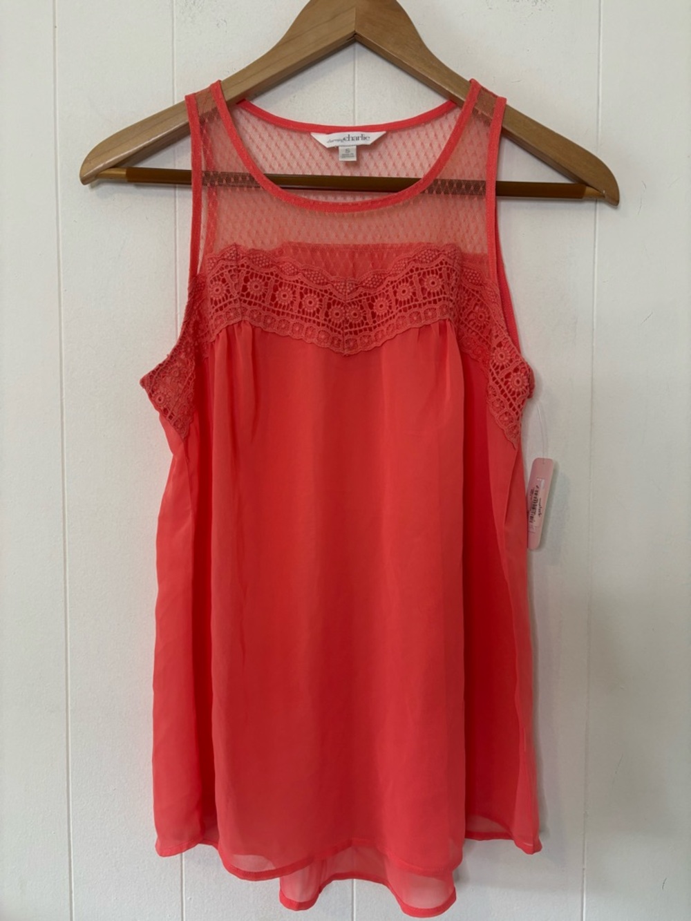 NWT Coral Boho Sheer Flowy Lace Panel Tank Top Charming Charlie Size Small